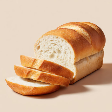A freshly sliced loaf of white bread resting on a soft beige surface. The natural lighting highlights the texture and crust, emphasizing its homemade appeal. Perfect for culinary projects or food photography.の素材