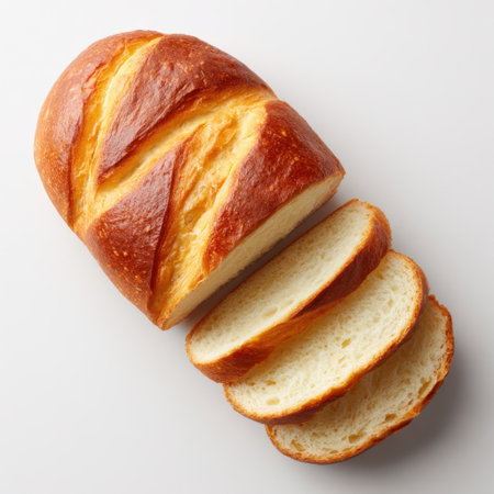 A beautifully arranged loaf of freshly baked bread, showcasing its soft texture and golden crust. Perfect for culinary presentations and recipes.の素材