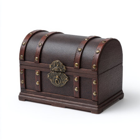 This antique treasure chest features intricate metallic details and a rich texture, perfect for adding elegance to decor or enhancing storytelling themes.の素材
