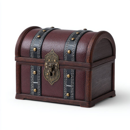 A beautifully crafted vintage brown treasure chest featuring a lock and decorative straps. Perfect for storage, decor, or theme-related settings.の素材