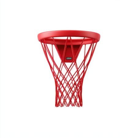 This bright red basketball hoop and net is set against a clean white background, ideal for sports-related designs, fitness promotions, and athletic themes.の素材