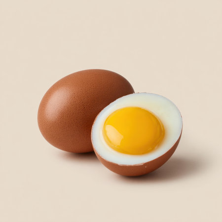 This image features fresh brown eggs, one cracked to reveal a vibrant yellow yolk, perfect for culinary presentations and recipes.の素材