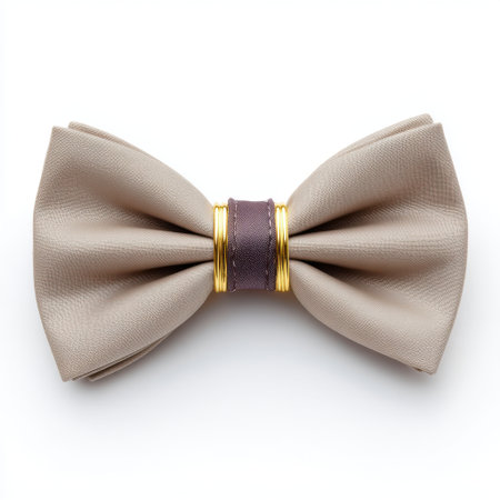 This elegant beige bow tie features a unique design with gold and purple detailing, ideal for weddings and formal occasions. Perfect accessory for a sophisticated look.の素材