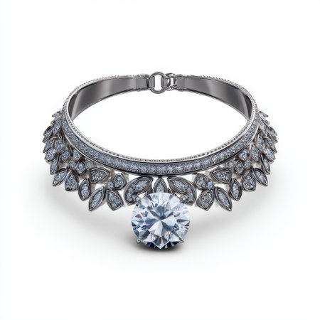 This exquisite silver necklace features a large center diamond and intricate leaf patterns, perfect for adding elegance and luxury to any outfit.の素材