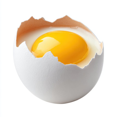 A fresh egg showcasing a vibrant yellow yolk sitting in a cracked white shell against a clean white background, ideal for culinary themes and food photography.の素材
