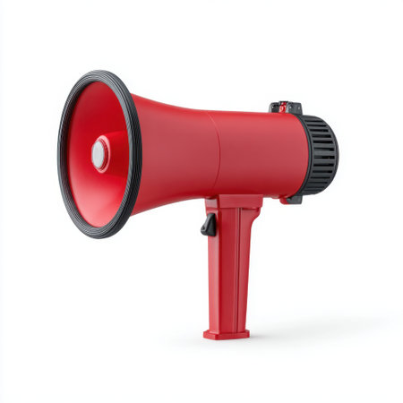 This vivid red megaphone serves as an essential tool for public speaking and announcements, designed for clarity and portability in various events.の素材