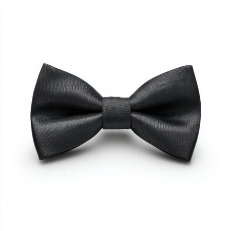 A sophisticated black bow tie showcased on a pristine white background, perfect for representing elegance in formal attire and event accessories.の素材