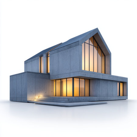 This image features a stunning modern concrete house with expansive glass windows illuminated by warm lighting, highlighting contemporary architectural design.の素材