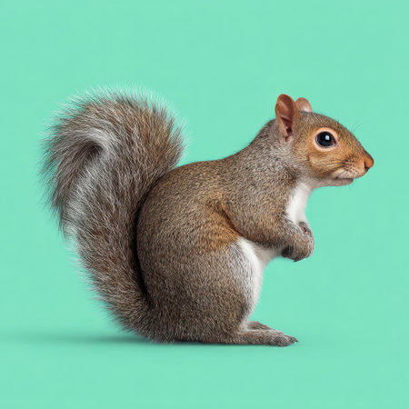 This delightful image features a charming squirrel sitting gracefully against a vibrant green background. Its cute features include fluffy fur, expressive eyes, and a bushy tail, perfectly showcasing the beauty of wildlife.の素材
