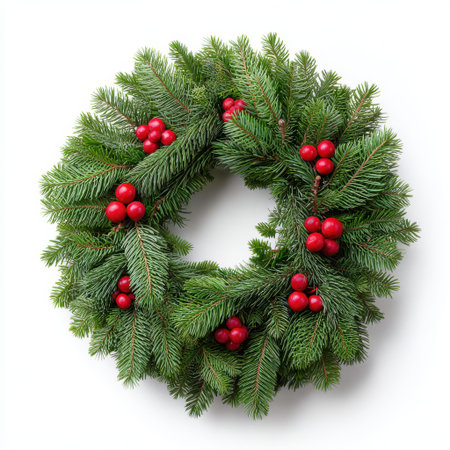 This stunning wreath showcases lush green pine foliage adorned with bright red berries, perfect for enhancing holiday decor and bringing seasonal cheer.の素材