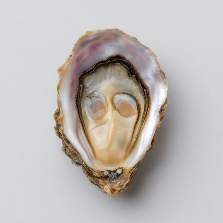 This image showcases a freshly opened oyster shell, revealing its smooth and lustrous interior. Ideal for culinary designs and seafood presentations.の素材