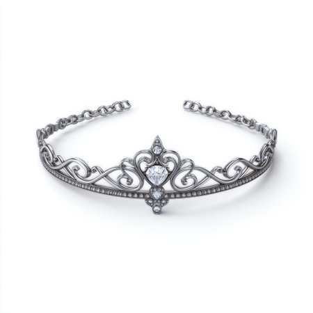 This exquisite silver crown features an intricate heart design adorned with sparkling gems, perfect for weddings or elegant events. Ideal for showcasing luxury and beauty.の素材