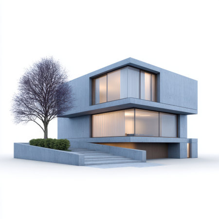 A sleek modern house featuring a concrete facade and expansive windows. This architectural design blends with surrounding greenery, creating a serene urban environment.の素材