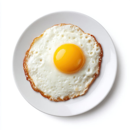 A perfectly cooked sunny side up egg sits on a clean white plate, showcasing its smooth texture and vibrant yellow yolk, ideal for culinary displays.の素材