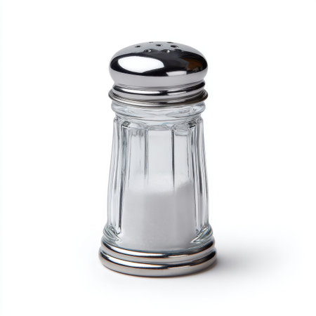 A classic glass salt shaker featuring a stylish silver lid, perfect for culinary professionals and home cooks. Ideal for enhancing dining experiences.の素材