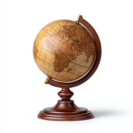 This elegant antique globe showcases detailed topography and a classic wooden stand, perfect for educational purposes or as a stunning decorative piece.の素材