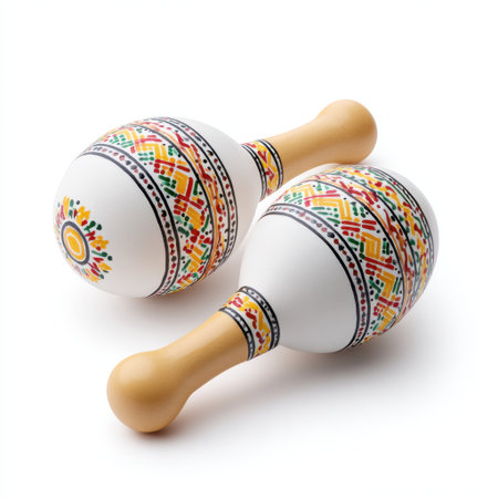 Brightly colored handcrafted maracas showcase intricate patterns, perfect for music lovers and cultural celebrations, adding joy and rhythm to any event.の素材