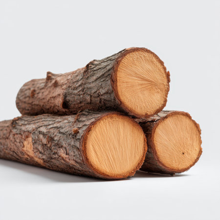 This image captures a close-up view of cut logs, showcasing their natural wood texture and distinctive grain patterns, perfect for rustic decor ideas.の素材