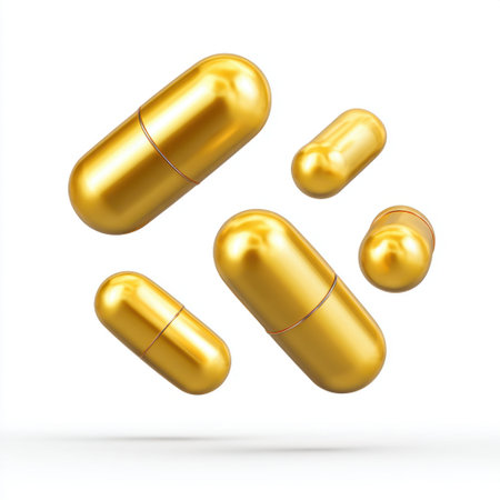 A collection of floating golden capsules with a glossy finish displayed against a clean white background, ideal for health and wellness themes.の素材