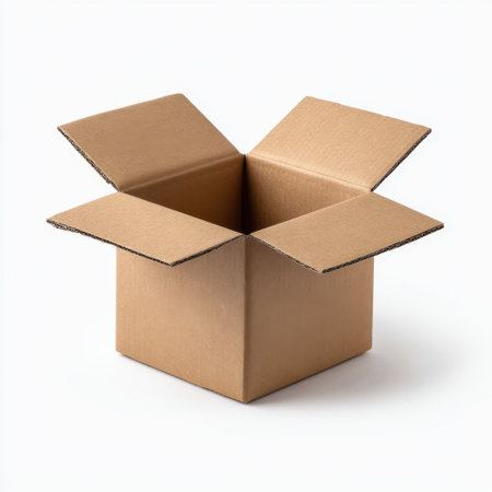 This image features an open empty cardboard box against a clean white background, ideal for showcasing shipping or storage solutions.の素材