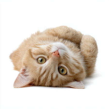 A charming ginger cat lies upside down on a white background, showcasing its playful spirit and adorable features. The fluffy fur and lively expression make this image perfect for pet lovers.の素材