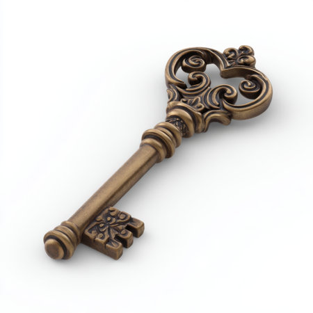 This image features a decorative antique key with an intricate design and ornate handle, perfect for symbolizing mystery and unlocking potential.の素材