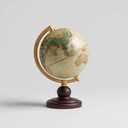 This antique-style globe showcases detailed geographical features with vibrant colors, perfect for decoration or educational purposes. Ideal for travel enthusiasts.の素材