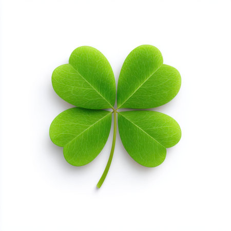 A striking image of a fresh, green four-leaf clover set against a pure white background, representing luck and positivity in various cultural traditions.の素材