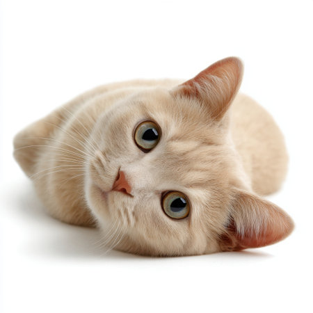 A charming cream colored domestic cat lies comfortably, showcasing its big expressive eyes and fluffy fur. This adorable feline exudes warmth and tranquility.の素材