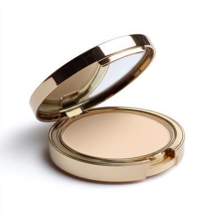 A beautiful gold compact with a mirror showcasing a smooth makeup surface, perfect for capturing the essence of elegance in beauty products.の素材
