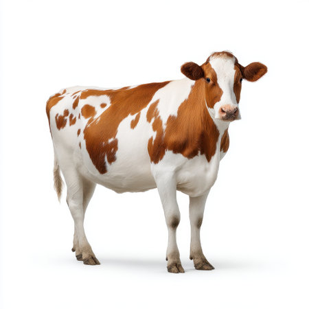 A charming brown and white dairy cow stands gracefully against a clean, studio background, symbolizing the essence of agriculture and rural life.の素材