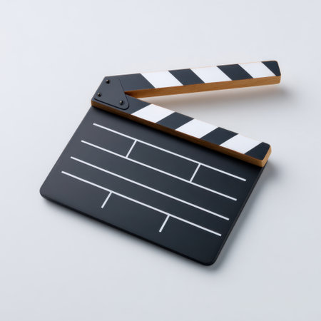 A classic film clapperboard positioned on a soft grey background, perfect for illustrating movie production, filmmaking processes, and creative projects.の素材