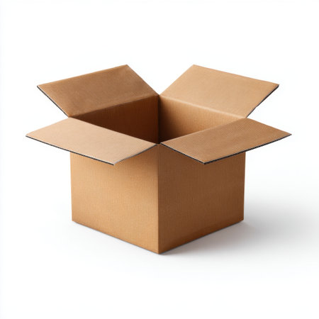 A plain, open brown cardboard box with flaps on a clean white background, perfect for representing concepts of shipping, storage, and organization.の素材