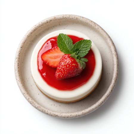 A beautifully presented cheesecake topped with ripe strawberries and glossy jelly, inviting you to enjoy a delicious dessert experience. Perfect for any occasion.の素材