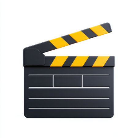A modern clapperboard icon featuring black and yellow stripes, perfect for representing film production, movie making, and creative arts in graphics.の素材