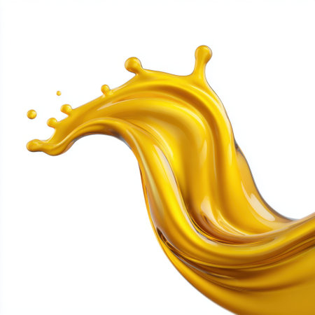 A striking image of bright golden liquid forming a dynamic splash, creating smooth waves against a clean white background, perfect for creative projects.の素材