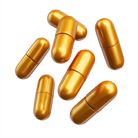 A collection of shiny golden capsules arranged together on a white background, perfect for representing health, wellness, and pharmaceutical products.の素材