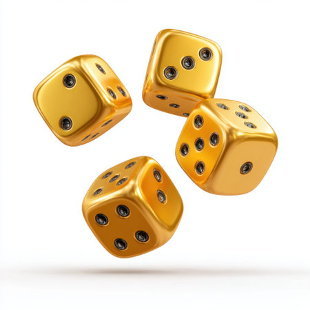 A dynamic arrangement of shiny golden dice in mid-roll against a pristine white background, showcasing intriguing dot patterns that symbolize luck and chance.の素材
