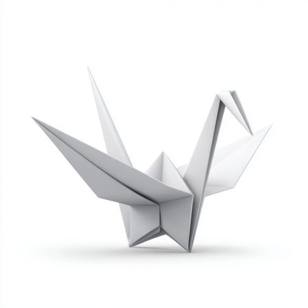 A stunning minimalist paper crane sculpture in white, showcasing delicate folds and shapes, perfect for design and artistic inspirations in various projects.の素材