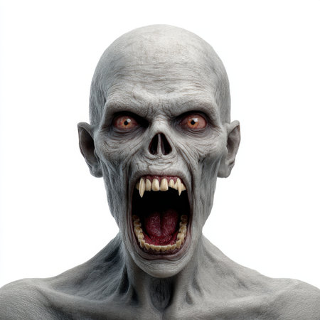A terrifying depiction of a zombie-like creature, showcasing a wide-open mouth filled with fangs and glaring eyes. This horror character evokes fear and fascination, fitting perfectly in Halloween themes or horror art.の素材