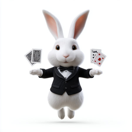 A charming white rabbit dressed in a tuxedo performs playful magic tricks with cards, embodying whimsy and enchantment in a delightful scene.の素材