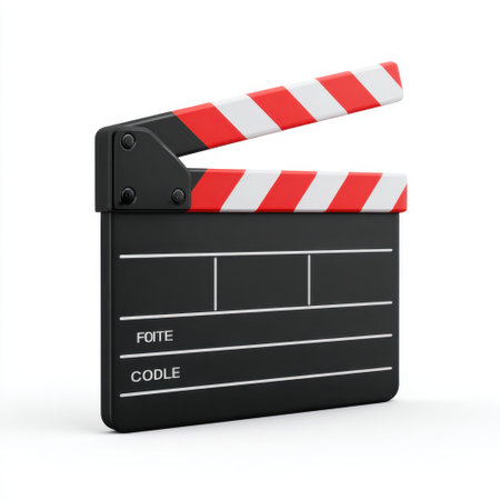 A classic film clapperboard featuring red and white stripes, ideal for movie production and cinematic projects. Great visual element for media and entertainment.の素材