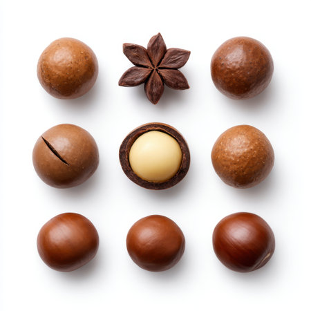This image features a geometric arrangement of assorted gourmet chocolate confections alongside fragrant spices and nuts against a clean white background.の素材