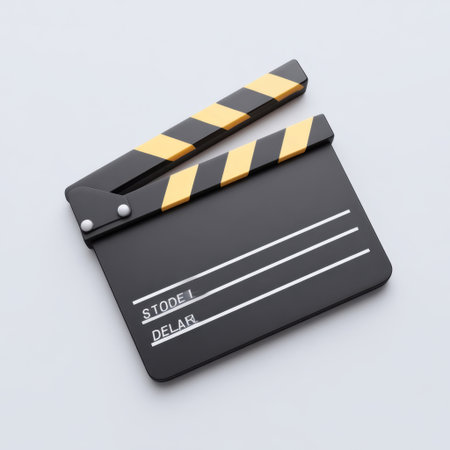 This image features a black and yellow film clapperboard, ideal for cinematic production, art projects, and creative displays in multimedia contexts.の素材
