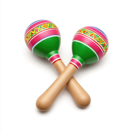 This image showcases a pair of beautifully crafted wooden maracas, featuring vibrant colors and intricate patterns, perfect for musical events and cultural festivities.の素材