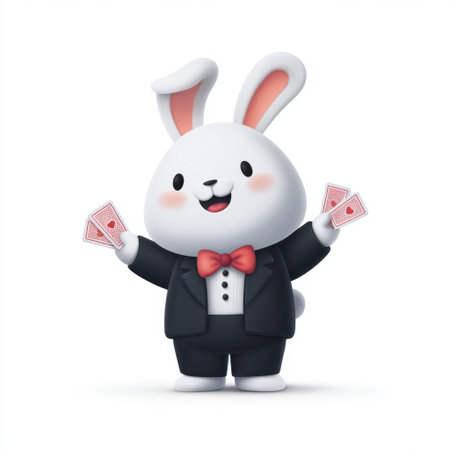 This charming cartoon rabbit magician in a tuxedo creates a delightful atmosphere with playing cards, perfect for children's events and celebrations.の素材