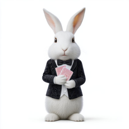 A charming rabbit dressed in a tuxedo holds playing cards, exuding elegance and whimsy. Ideal for fantasy art and creative projects that inspire joy.の素材