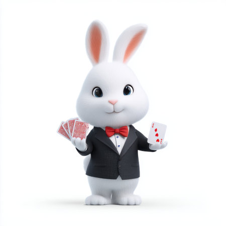 A cute cartoon rabbit in a tuxedo holds playing cards, radiating joy and charm, perfect for entertainment and gaming themes for various projects.の素材