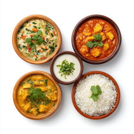 A beautiful arrangement of assorted Indian dishes, featuring curry, lentils, rice, and chutney, showcasing vibrant colors and rich flavors perfect for food lovers.の素材