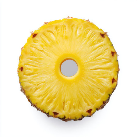 A fresh cut ring of pineapple showcasing its vibrant yellow color and unique texture. Ideal for culinary, tropical, and healthy lifestyle themes.の素材